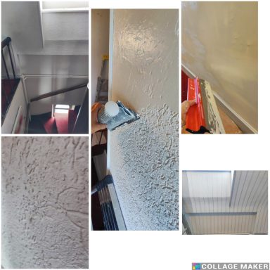 recouvrement de crépi pour pose de papier peint dans une cage d'escalier